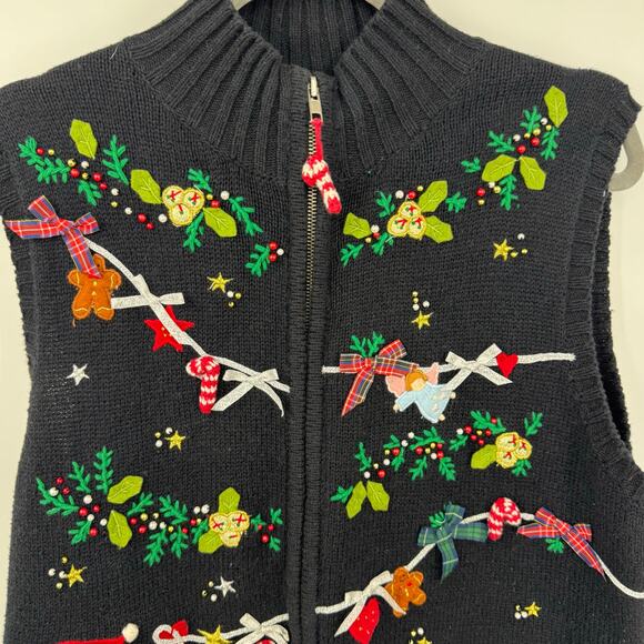 VTG Planet & Company  Christmas Sweater Vest L Santa Garland Zip Up Ugly Holiday - Picture 2 of 7